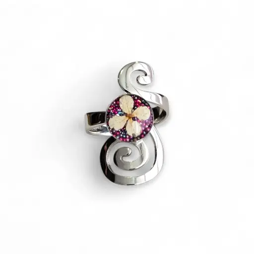 Anillo Artesanal Plateado Flor Natural - A7